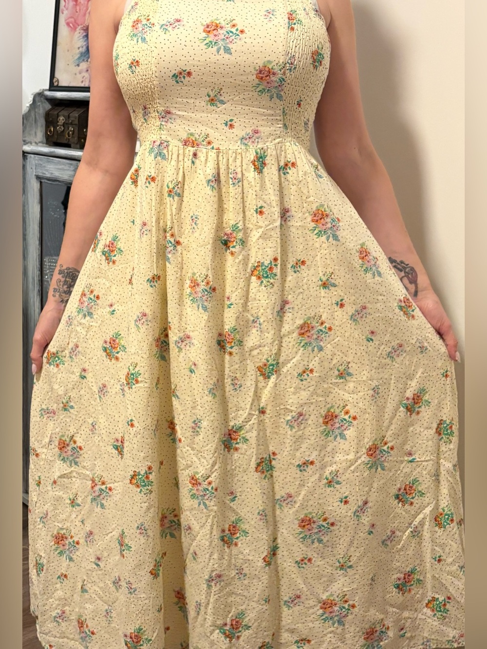 Women’s Yellow Floral Sundress - Smocked Bodice